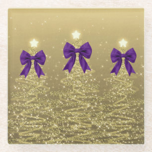 Weihnachts-Glitzerbäume Gold mit falscher violette Glasuntersetzer