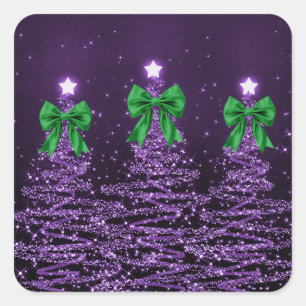 Weihnachts-Glitzerbäume Lila Falsche Grüne Schleif Quadratischer Aufkleber