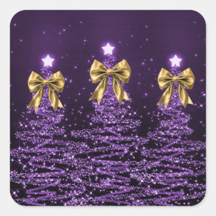 Weihnachts-Glitzerbäume Lila mit falscher Goldschl Quadratischer Aufkleber