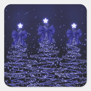 Weihnachts-Glitzerbäume Navy Blau Falsche Schleife Quadratischer Aufkleber