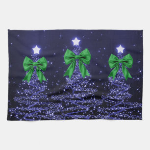 Weihnachts-Glitzerbäume Navy Blau Grüne Schleife Geschirrtuch