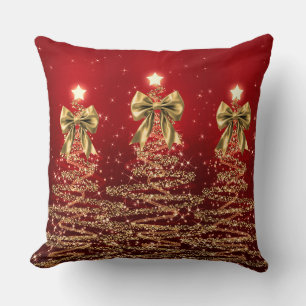 Weihnachts-Glitzerbäume Rot Gold Falsche Schleife Kissen