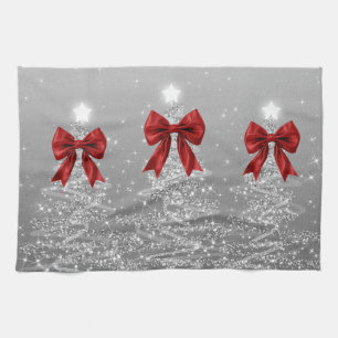 Weihnachts-Glitzerbäume Silber mit falscher roter Geschirrtuch