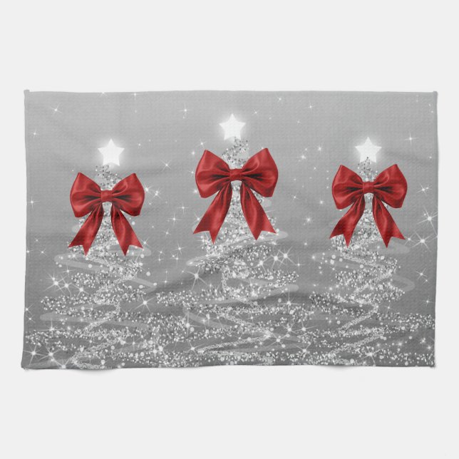 Weihnachts-Glitzerbäume Silber mit falscher roter  Geschirrtuch (Horizontal)