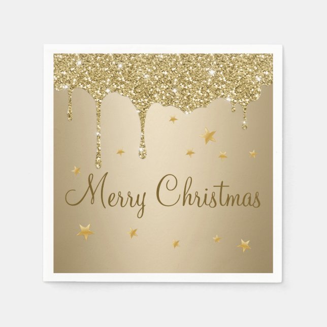 Weihnachts glitzernde Tropfen Gold und Sterne Serviette (Vorderseite)