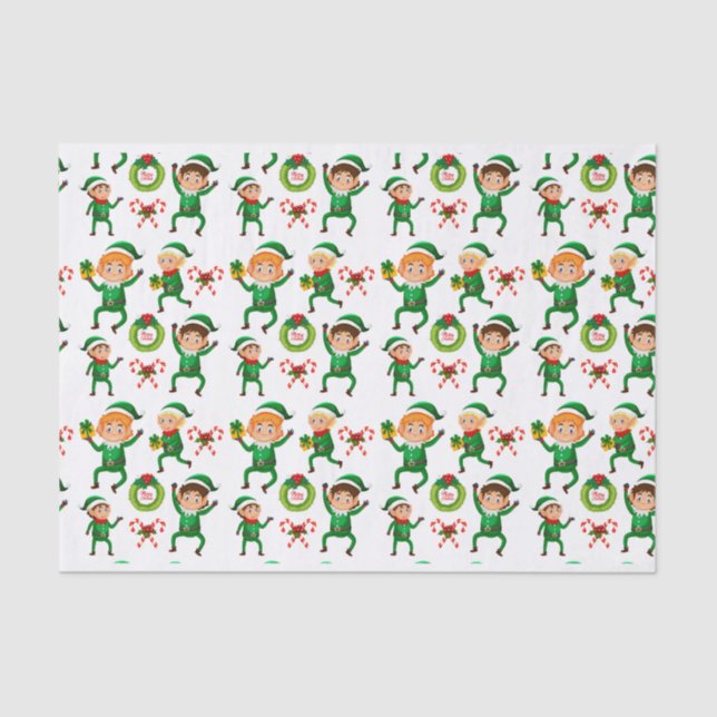 Weihnachts-glücklicher Elf mit Geschenk Muster Seidenpapier (Vorderseite)