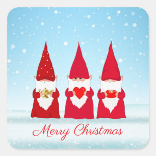 Weihnachts-Gnome auf Hellblau Quadratischer Aufkleber