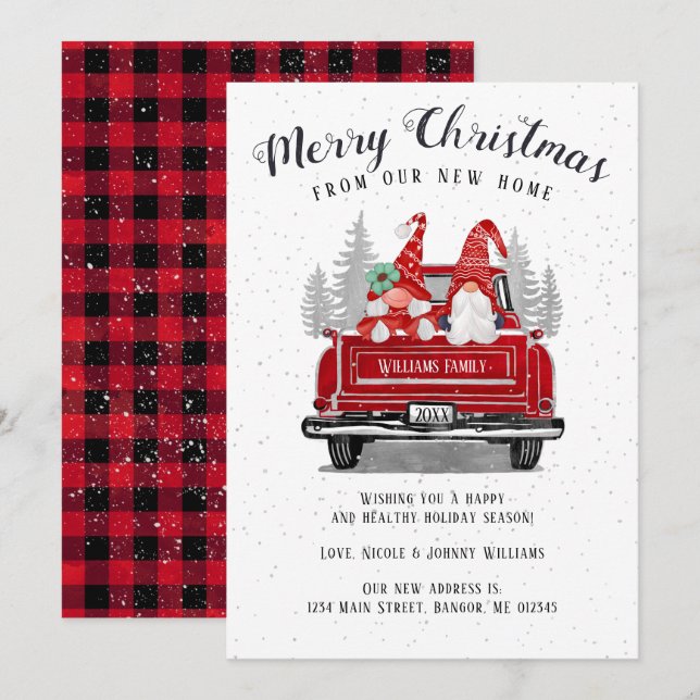 Weihnachts-Gnome Couple Vintag Red Truck Moving Ankündigung (Vorne/Hinten)