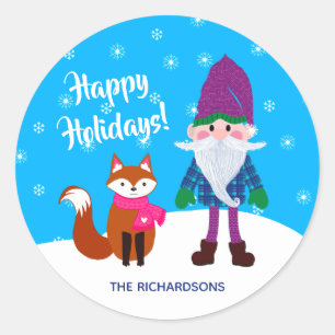 Weihnachts Gnome Fox Schneeflocken Personalisiert Runder Aufkleber