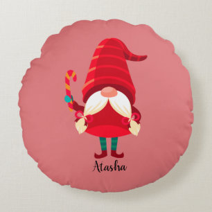 Weihnachts-Gnome halten eine Candy Cane Rundes Kissen