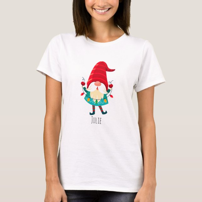 Weihnachts Gnome Holding Weihnachtsleuchten T-Shirt (Vorderseite)