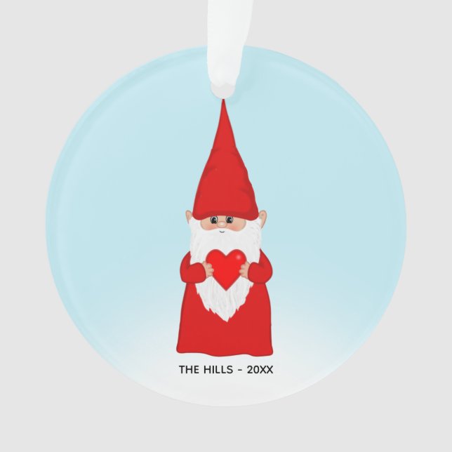 Weihnachts-Gnome Holen eines Herzens auf Light Blu Ornament (Vorderseite)