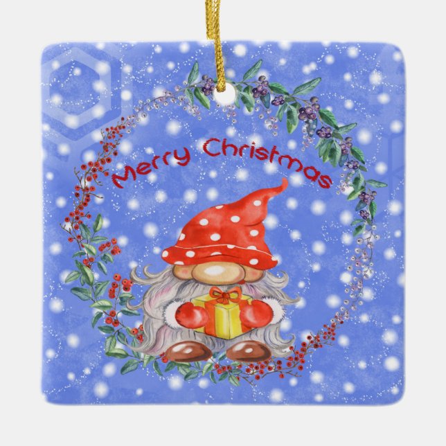 Weihnachts-Gnome in Red Hat & Prestige Keramik Orn Keramikornament (Vorderseite)