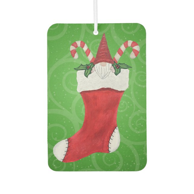 Weihnachts-Gnome Red Hat in Strumpf auf Green Swir Autolufterfrischer (Vorderseite)