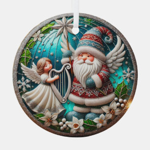 Weihnachts-Gnome und Angel spielen Harfe Ornament Aus Glas
