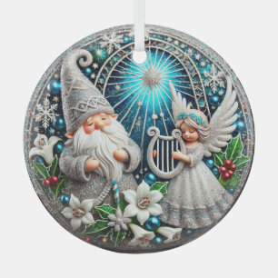 Weihnachts-Gnome und Angel spielen Harfe Ornament Aus Glas