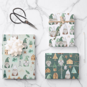 Weihnachts-Gnome Weiß Grün Gold Trendige Launische Geschenkpapier Set