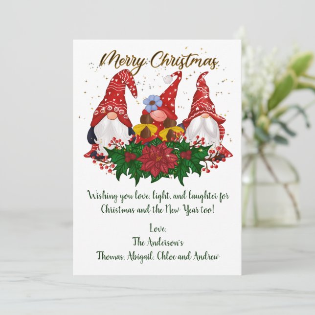 Weihnachts-Gnomes Poinsettia Trendy Weihnachtskart (Stehend Vorderseite)