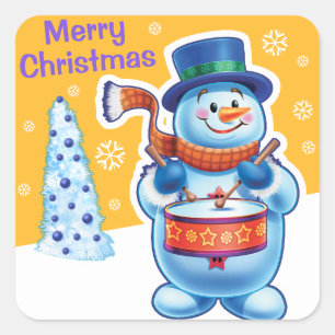 Weihnachts Gold-Aufkleber Snowman Schlagzeug. Quadratischer Aufkleber