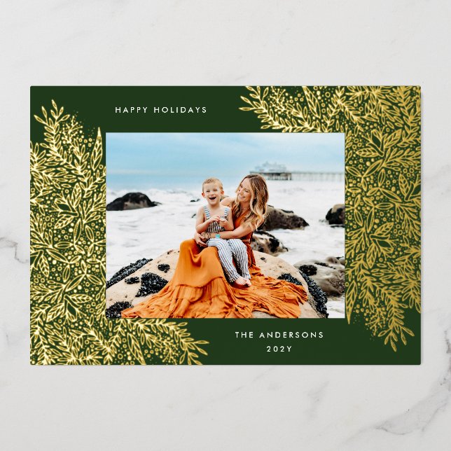 Weihnachts-Gold Botanische Ecken Foto Rahmen Grün Folien Feiertagskarte (Vorderseite)