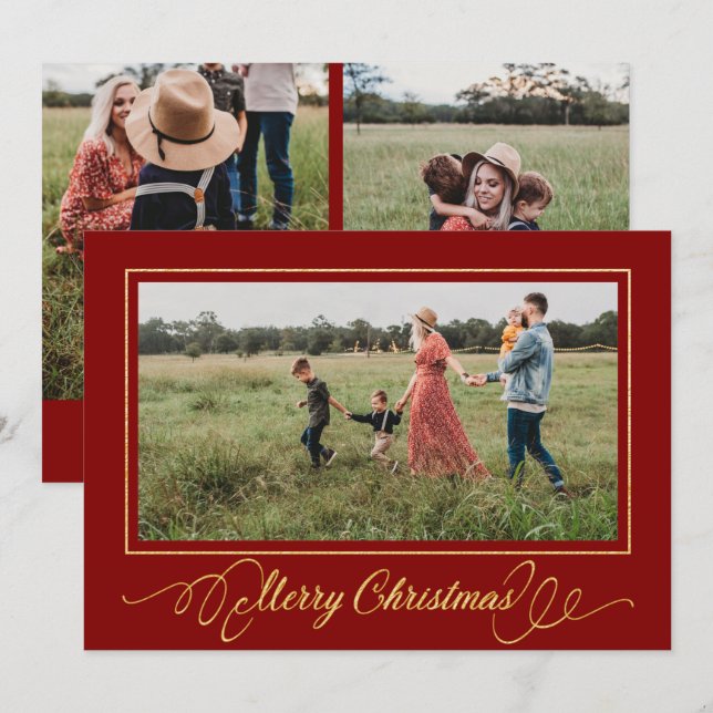 Weihnachts Gold Frame Foto Weihnachtskarte Rot Einladung (Vorne/Hinten)