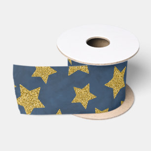 Weihnachts-Gold-Glitzerstern auf Wasserfarben-Blau Satinband