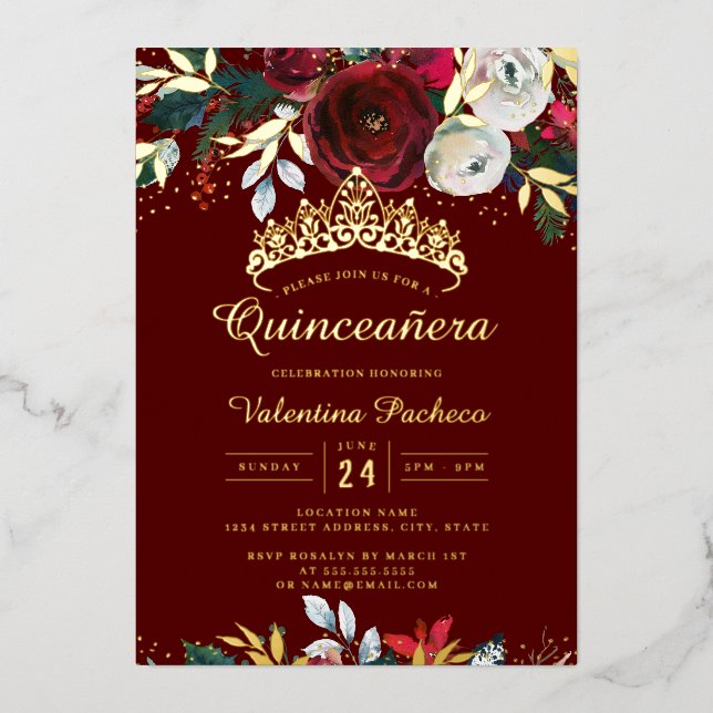 Weihnachts Gold Red Festive Foliage Quinceanera Folieneinladung (Vorderseite)