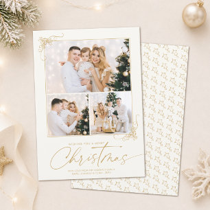 Weihnachts-Gold Schrift 3 Fotos Handgezeichnet Feiertagskarte