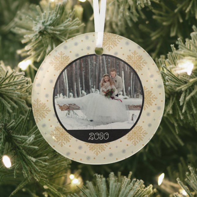 Weihnachts-Gold-Snowflake | Foto und Jahr Ornament Aus Glas (InSitu)