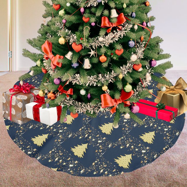 Weihnachts-Gold-Stars und -Bäume mit Bausteinen Polyester Weihnachtsbaumdecke (Christmas Gold Stars and Tree with Baubles Brushed Polyester Tree Skirt)