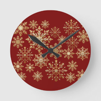 Weihnachts-Gold und Rot-Schneeflocke Runde Wanduhr