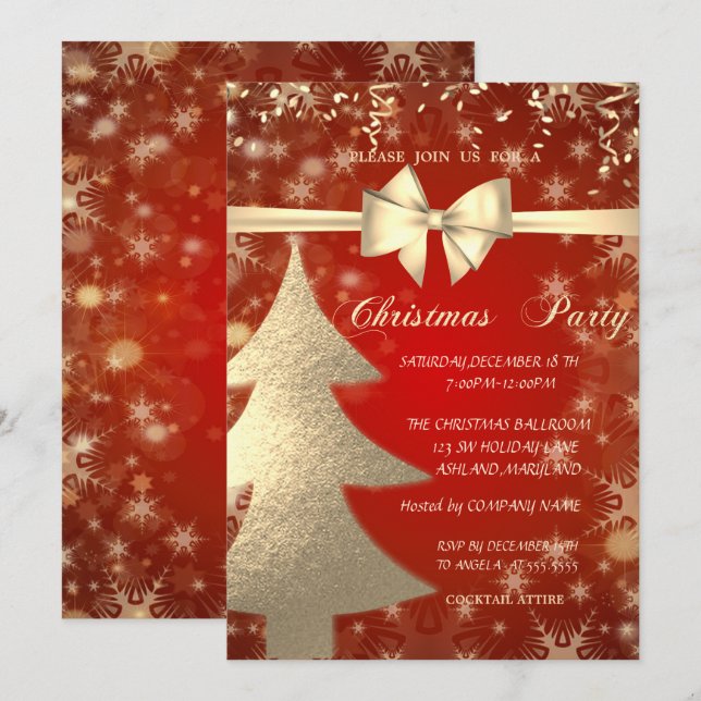 Weihnachts-Goldbaum, Rot, Corporate Party Einladun Einladung (Vorne/Hinten)