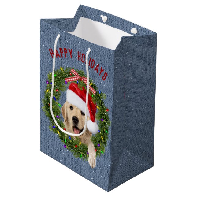 Weihnachts Golden Retriever auf Denim Mittlere Geschenktüte (Vorderseite Schrägansicht)