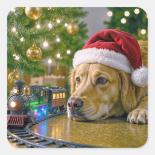 Weihnachts-Golden-Retriever beim Beobachten eines  Quadratischer Aufkleber