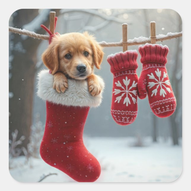 Weihnachts-Golden Retriever im Strumpf Quadratischer Aufkleber (Vorderseite)