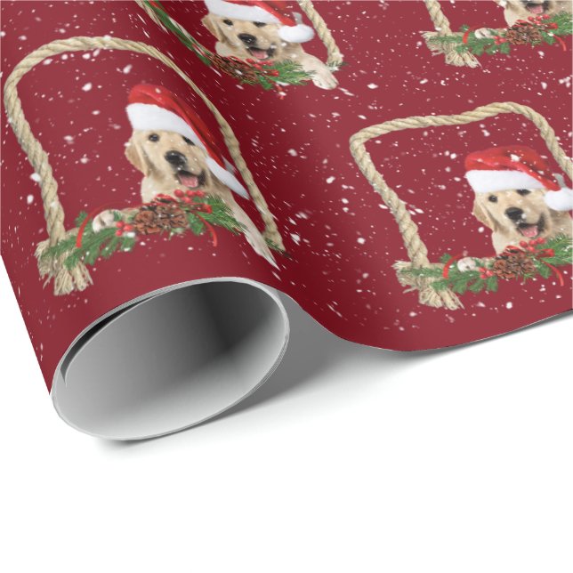 Weihnachts Goldener Retriever im Seilrahmen Geschenkpapier (Rolleneckpunkt)