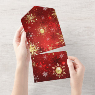 Weihnachts-Goldschneeflocken auf rotem Hintergrund All In One Einladung