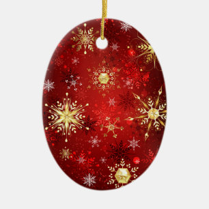 Weihnachts-Goldschneeflocken auf rotem Hintergrund Keramik Ornament