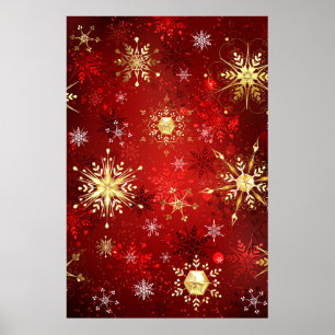 Weihnachts-Goldschneeflocken auf rotem Hintergrund Poster
