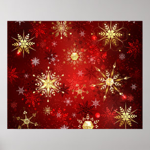 Weihnachts-Goldschneeflocken auf rotem Hintergrund Poster