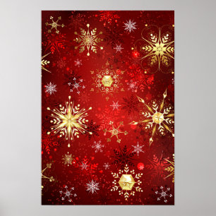 Weihnachts-Goldschneeflocken auf rotem Hintergrund Poster
