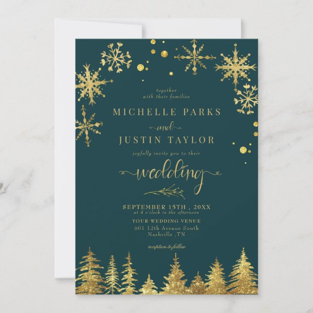 Weihnachts-Goldwald-Pinienbäume Hochzeit Einladung (Vorderseite)