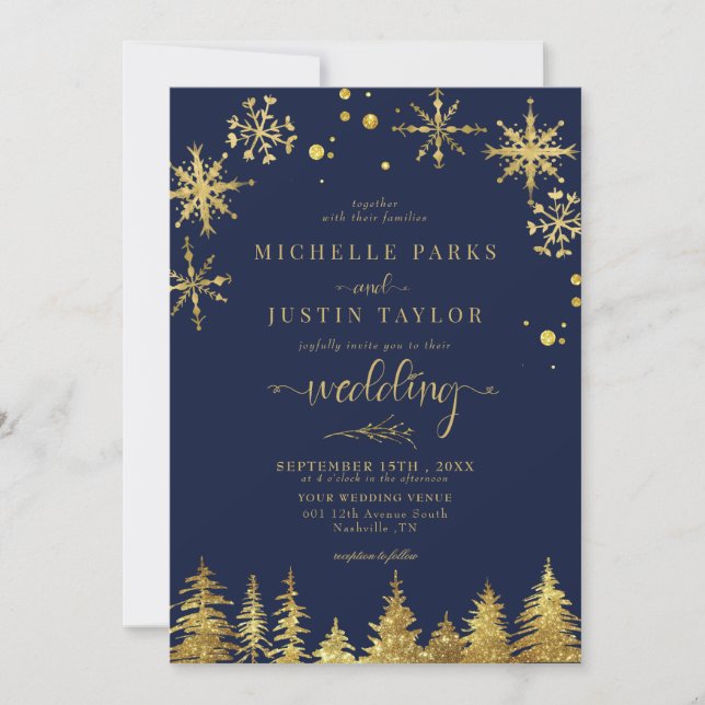 Weihnachts-Goldwald-Pinienbäume Hochzeit I Einladung (Vorderseite)
