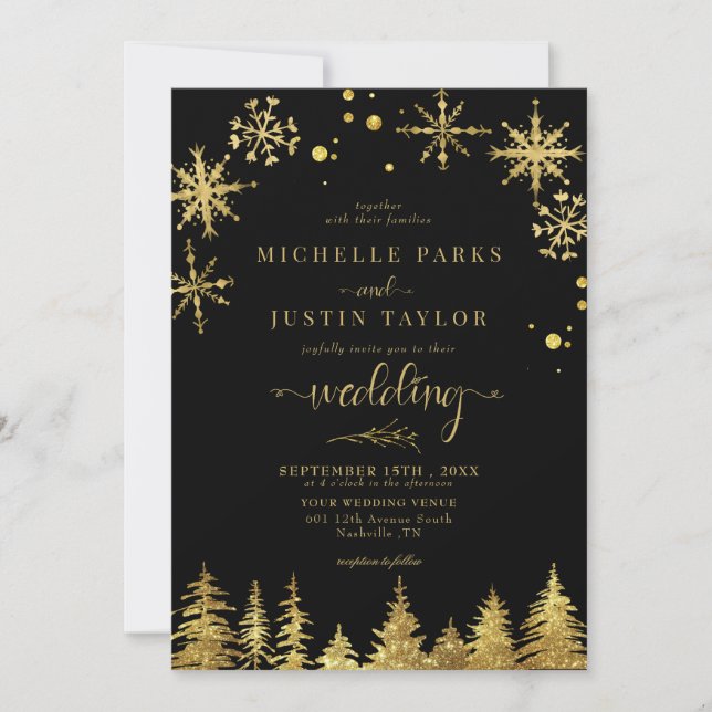 Weihnachts-Goldwald-Pinienbäume Hochzeit I Einladung (Vorderseite)