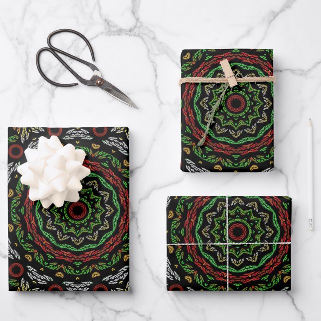 Weihnachts-Gothic-Blätter Mandala Geschenkpapier Set (Vorderseite)
