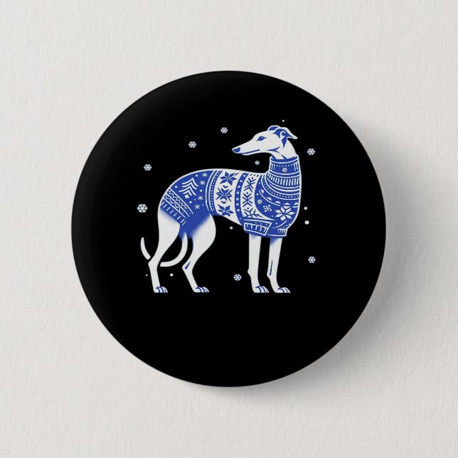 Weihnachts-Grauhund-Hund mit einem Ugly Sweater Bl Button (Vorderseite)