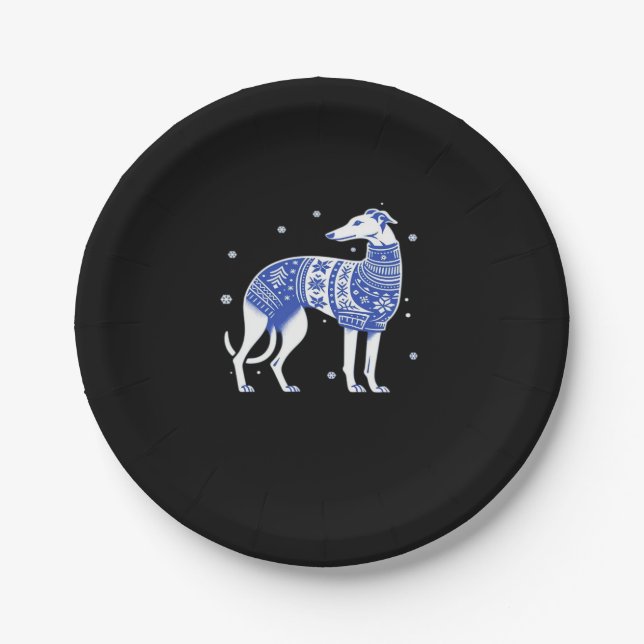 Weihnachts-Grauhund-Hund mit einem Ugly Sweater Bl Pappteller (Vorderseite)