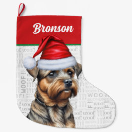 Weihnachts-Grenze Terrier mit Name Woof Hintergrun Großer Weihnachtsstrumpf
