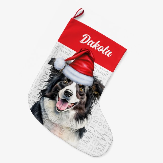 Weihnachts-Grenzkollie mit Hundenname Großer Weihnachtsstrumpf (Vorderansicht (hängend))