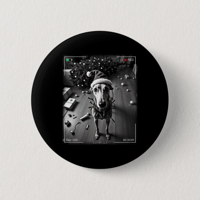 Weihnachts Greyhound auf Kamera gefangen Button (Vorderseite)